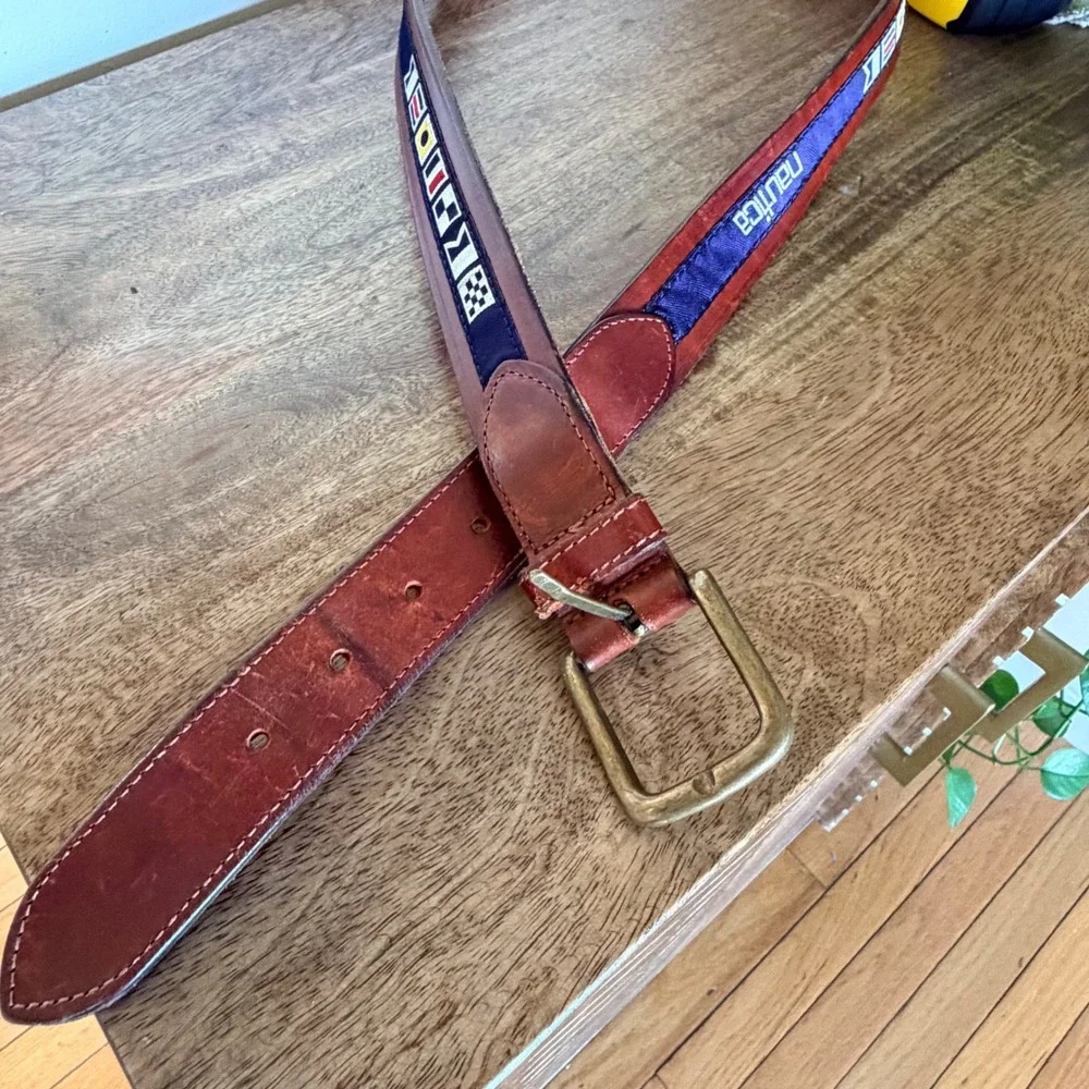 Leather Nautical Inlay Flag Belt Mens 40 Brown Brass Buckle Preppy Coastal Style